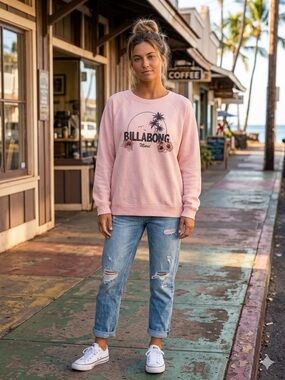 BILLABONG Light Pink Maui Graphic Crew Sweatshirt. Size L